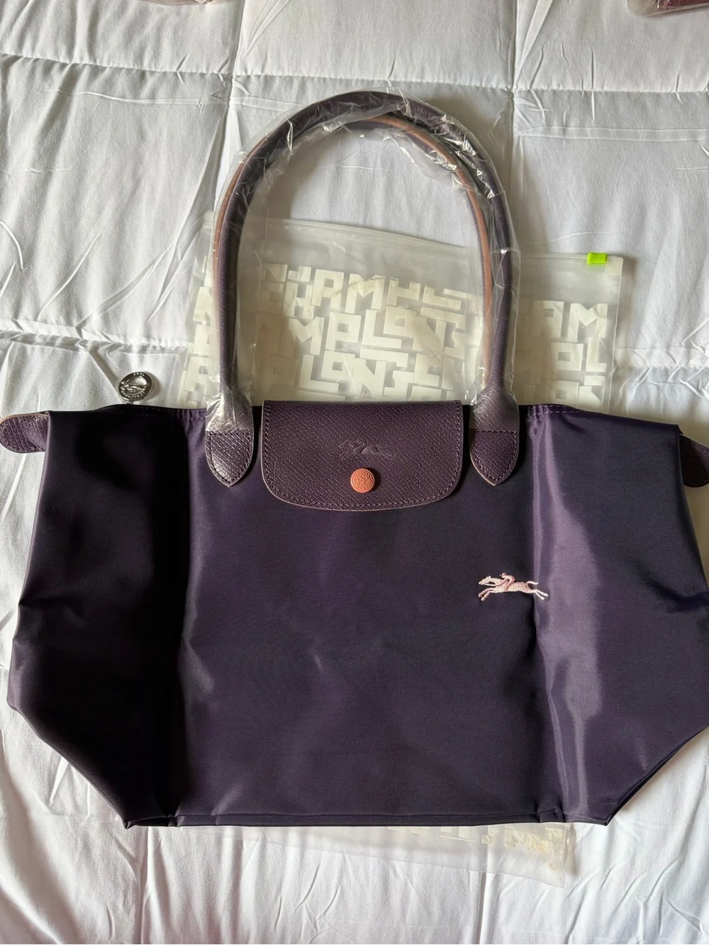 Longchamp Purple Nylon Tote with Pink Logo Accent